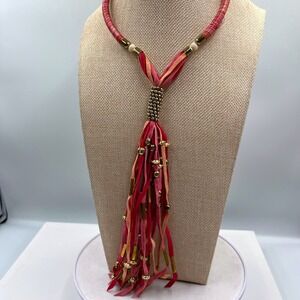 MIA Collection Boho Pink Suede Fringe Tassel Statement Necklace Gold Tone Accent